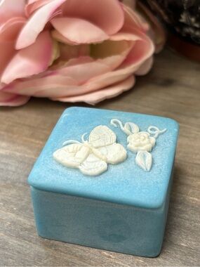 Vintage Incolay Trinket Box Turquoise Blue, 3D White Butterfly Flower
